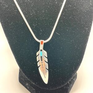 Ray Tracey Navajo Eagle Feather Necklace Turquoise Onyx Coral Inlay Pendant 925
